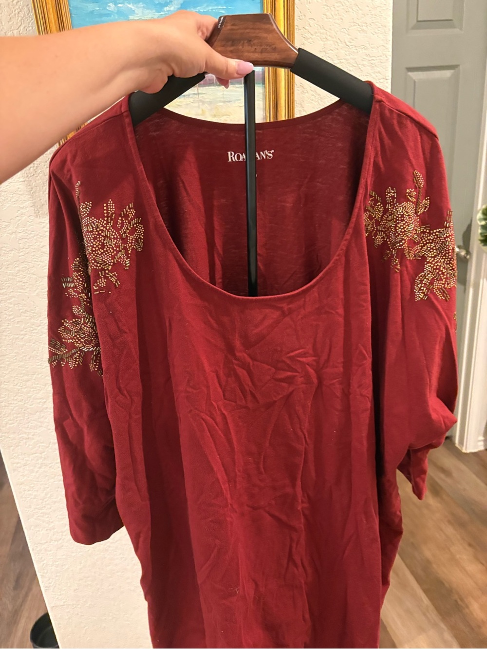 Roaman's Red Long Sleeve Scoop Neck Top with Gold Bead Embellishment